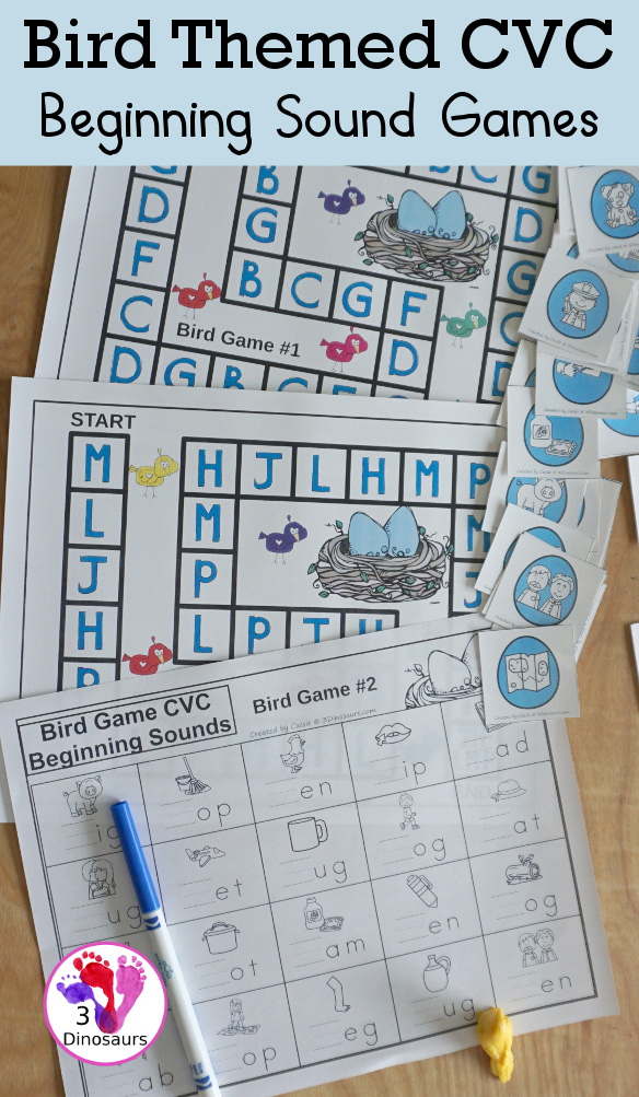 Free Bird Themed CVC Beginning Sound Games - with two beginning sound games with cards and a matching recording sheet for the game - 3Dinosaurs.com