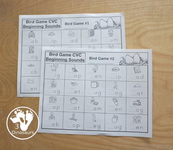 Free Bird Themed CVC Beginning Sound Games - with two beginning sound games with cards and a matching recording sheet for the game - 3Dinosaurs.com