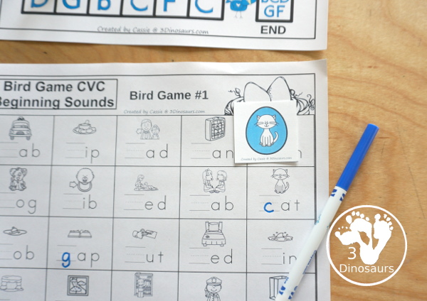 Free Bird Themed CVC Beginning Sound Games - with two beginning sound games with cards and a matching recording sheet for the game - 3Dinosaurs.com