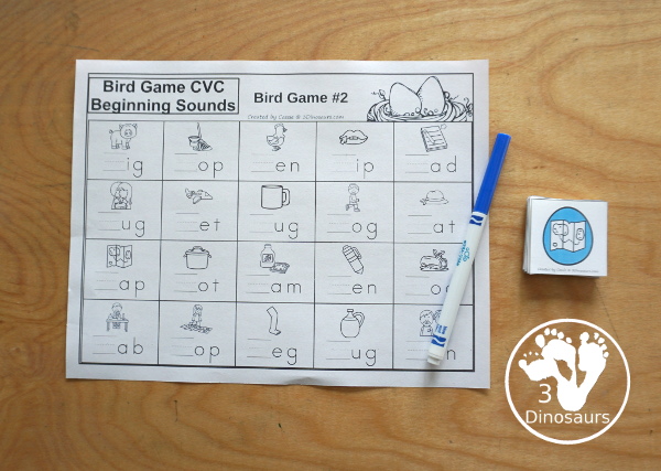 Free Bird Themed CVC Beginning Sound Games - with two beginning sound games with cards and a matching recording sheet for the game - 3Dinosaurs.com