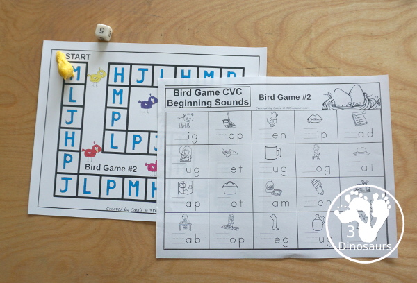 Free Bird Themed CVC Beginning Sound Games - with two beginning sound games with cards and a matching recording sheet for the game - 3Dinosaurs.com