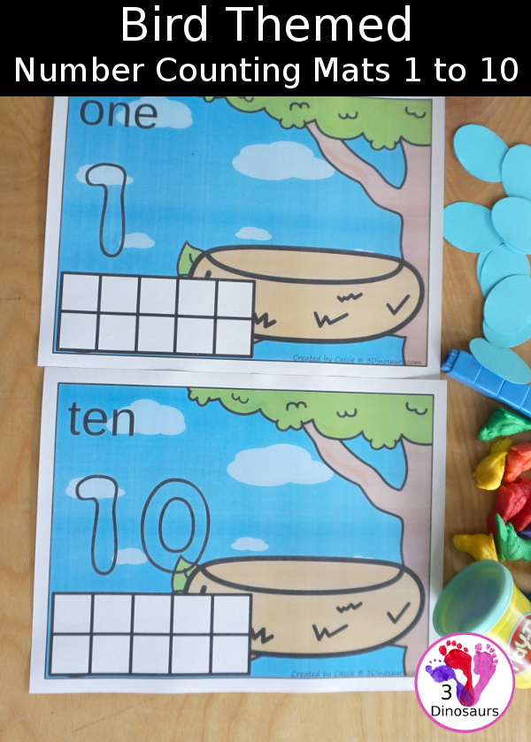 Free Bird Counting Mats - with number mats from 1 to 10 with eggs for counting and birds for the ten frame. You have a playdough numerical number - 3Dinosaurs.com