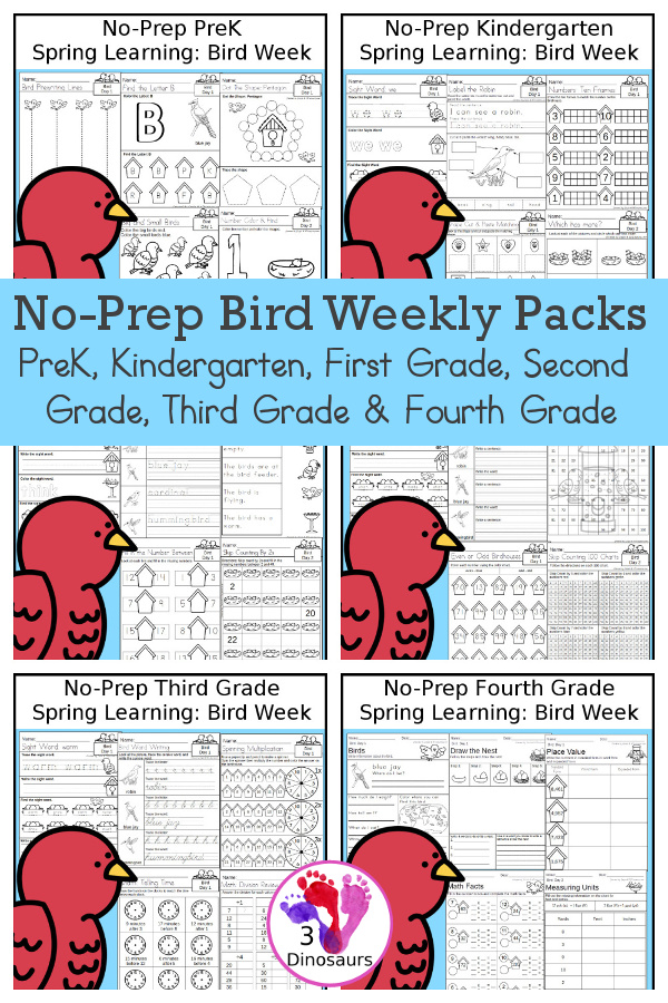 Bird No-Prep Weekly Packs PreK, Kindergarten, First Grade, Second Grade, Third Grade & Fourth Grade with 5 days of activities to do for each grade level With loads of bird themes - You will find a mix of math, language, and more - These are easy to use packs for spring learning, homework, early finisher, and morning work. Easy no-prep printables for kids with four pages for each day - 3Dinosaurs.com