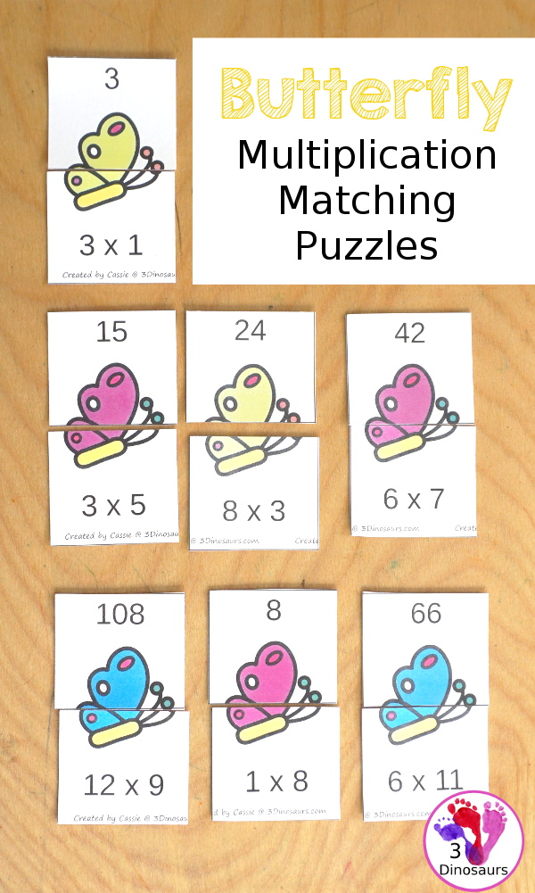 Free Butterfly Multiplication Matching Puzzles - with multiplication for number 1 to 12 - with each number on a single page and has 12 puzzles on each page with 12 pages of printables - 3Dinosaurs.com - 3Dinosaurs.com