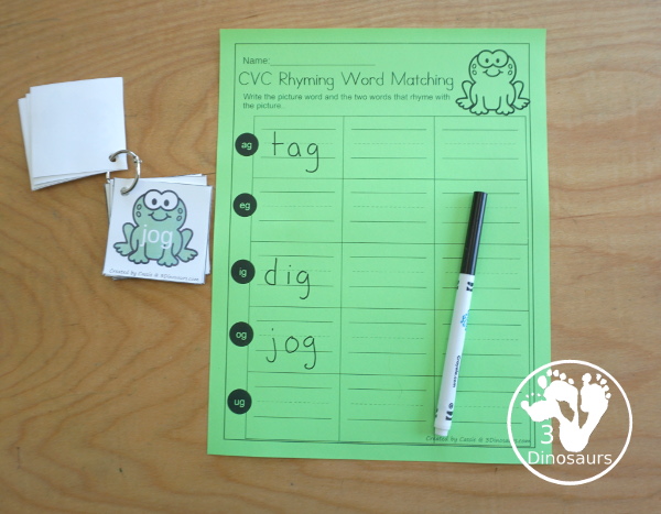 Free Frog CVC Vowel Sorting with Ending G Sound that works on short vowel sounds with a, e, i, o, and u. You have pictures and words that rhyme with those pictures on lily pads with frogs to sort. How to set up a writing center with the printables - 3Dinosaurs.com