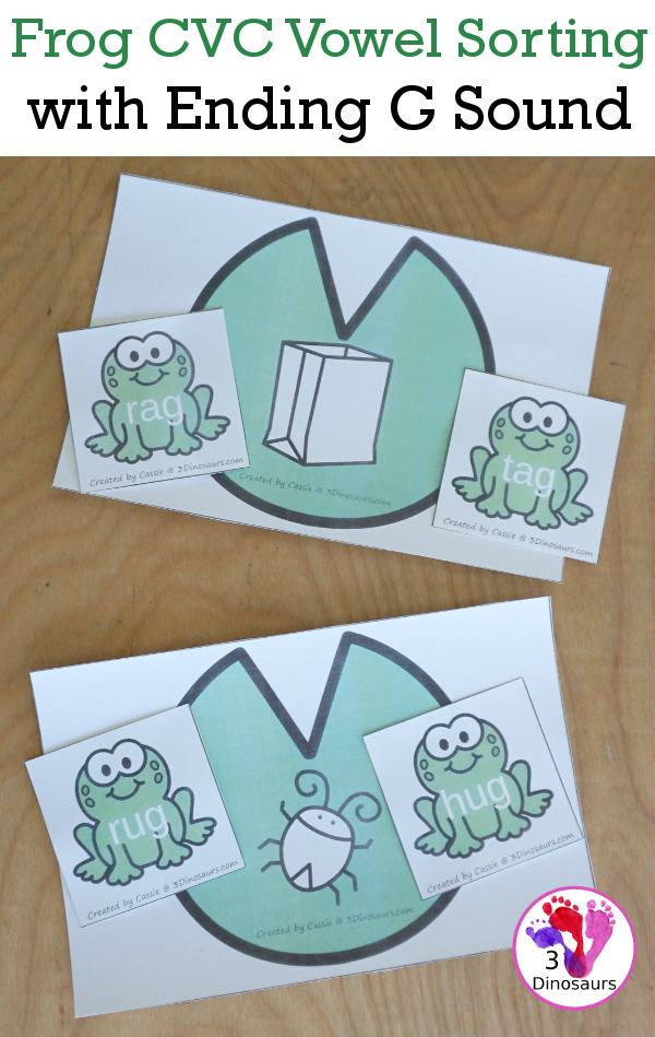 Free Frog CVC Vowel Sorting with Ending G Sound that works on short vowel sounds with a, e, i, o, and u. You have pictures and words that rhyme with those pictures on lily pads with frogs to sort. - 3Dinosaurs.com