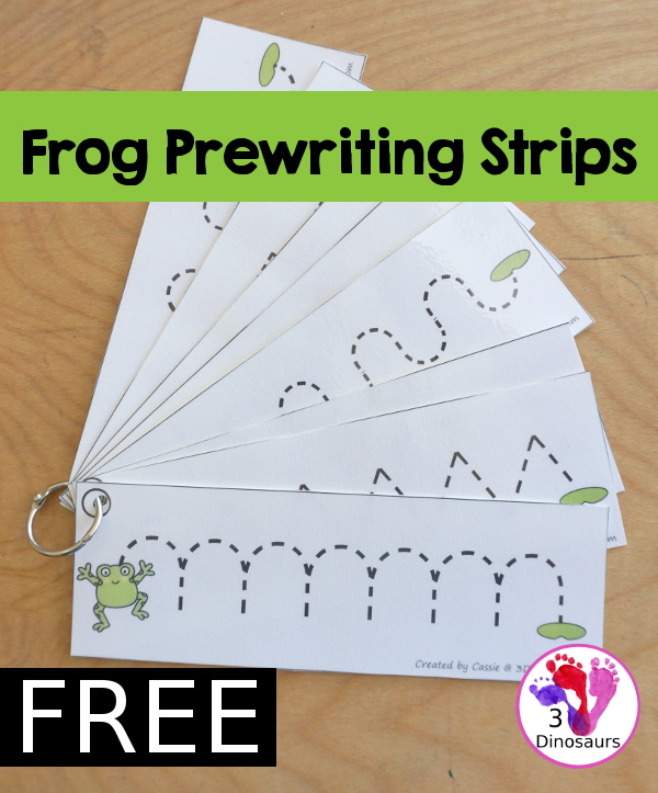 Free Frog Prewriting Strips - prewriting printable for kids working on more complex prewriting skills with prewriting fonts in repeat pattern and sizes - 3Dinosaurs.com