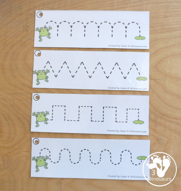 Free Frog Prewriting Strips - prewriting printable for kids working on more complex prewriting skills with prewriting fonts in repeat pattern and sizes - 3Dinosaurs.com