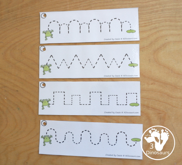 Free Frog Prewriting Strips - prewriting printable for kids working on more complex prewriting skills with prewriting fonts in repeat pattern and sizes - 3Dinosaurs.com