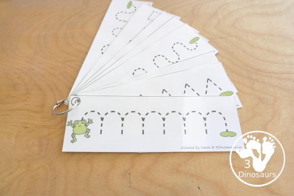 Free Frog Prewriting Strips - prewriting printable for kids working on more complex prewriting skills with prewriting fonts in repeat pattern and sizes - 3Dinosaurs.com