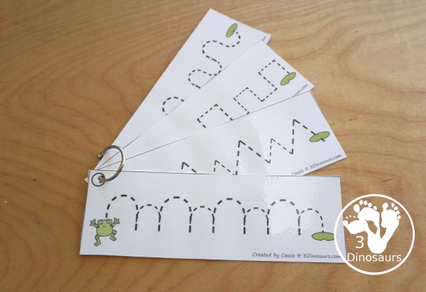 Free Frog Prewriting Strips - prewriting printable for kids working on more complex prewriting skills with prewriting fonts in repeat pattern and sizes - 3Dinosaurs.com