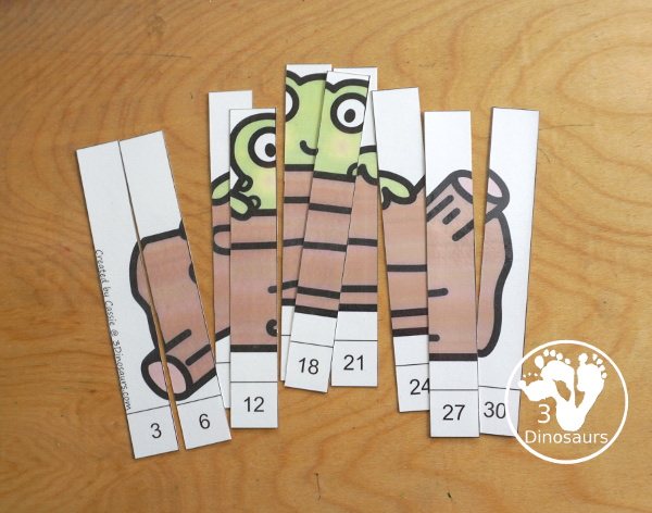 Free Frog Skip Counting by 3 Puzzles - with two free skip counting puzzle with 3 to 30 and 33 to 60 for the numbers - 3Dinosaurs.com