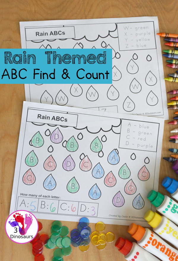 Free Rain Themed ABC Color & Count Printable - is a find, color and count uppercase letters with a raindrop themed. You have four capital letters on each page. It has all 26 letters of the alphabet - 3Dinosaurs.com