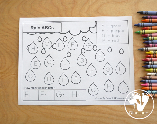 Free Rain Themed ABC Color & Count Printable - is a find, color and count uppercase letters with a raindrop themed. You have four capital letters on each page. It has all 26 letters of the alphabet - 3Dinosaurs.com