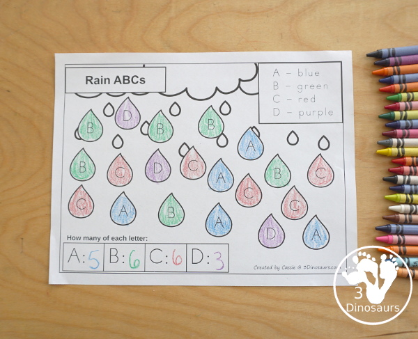 Free Rain Themed ABC Color & Count Printable - is a find, color and count uppercase letters with a raindrop themed. You have four capital letters on each page. It has all 26 letters of the alphabet - 3Dinosaurs.com