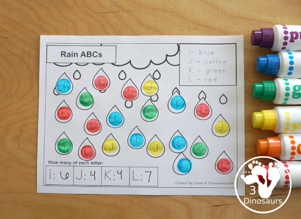 Free Rain Themed ABC Color & Count Printable - is a find, color and count uppercase letters with a raindrop themed. You have four capital letters on each page. It has all 26 letters of the alphabet - 3Dinosaurs.com