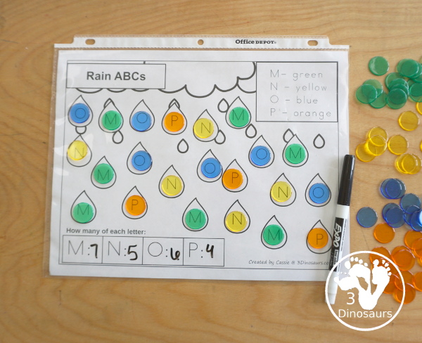 Free Rain Themed ABC Color & Count Printable - is a find, color and count uppercase letters with a raindrop themed. You have four capital letters on each page. It has all 26 letters of the alphabet - 3Dinosaurs.com