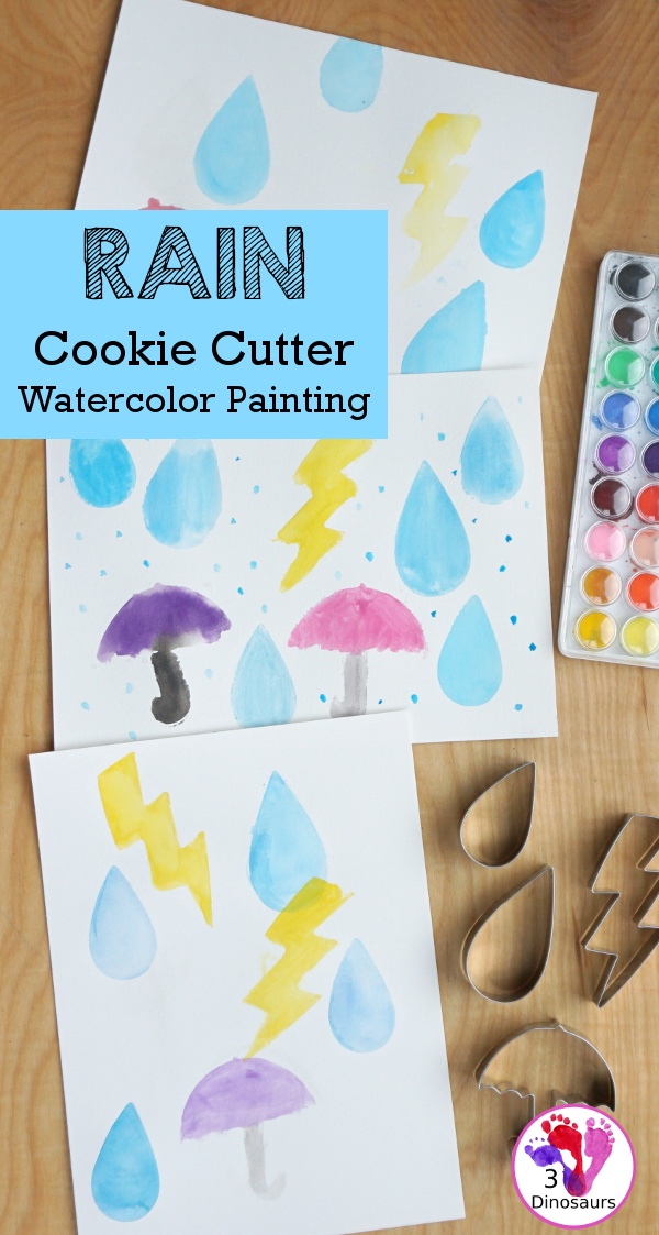 Rain Themed Water Color Cookie Painting – 3 Dinosaurs