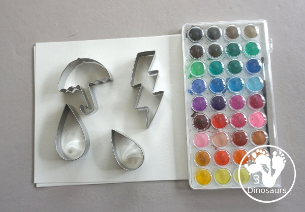 Rain Themed Water Color Cookie Painting - a fun watercolor painting with rain themed cookie cutters. - 3Dinosaurs.com