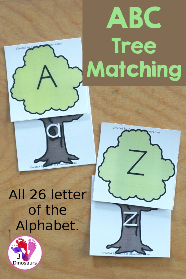 Free Tree ABC Matching Printable - matching uppercase letters on the top of the tree with lowercase letters on the tree trunk. You can match all 26 letters of the alphabet - 3Dinosaurs.com