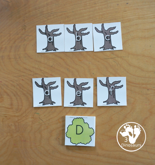 Free Tree ABC Matching Printable - matching uppercase letters on the top of the tree with lowercase letters on the tree trunk. You can match all 26 letters of the alphabet - 3Dinosaurs.com