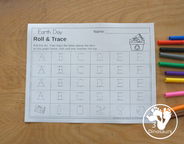 Earth Day Roll & Graph With Trace Letters, Numbers & Shapes with a folding die and cube die with a graphing sheet, graphing with tracing numbers, graphing with tracing letters and graphing with tracing shapes. All with a fun Earth theme for Earth Day for prek and kindergarten - 3Dinosaurs.com