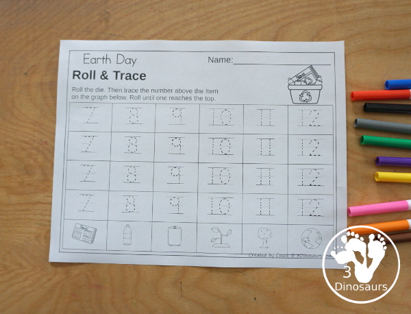 Earth Day Roll & Graph With Trace Letters, Numbers & Shapes with a folding die and cube die with a graphing sheet, graphing with tracing numbers, graphing with tracing letters and graphing with tracing shapes. All with a fun Earth theme for Earth Day for prek and kindergarten - 3Dinosaurs.com