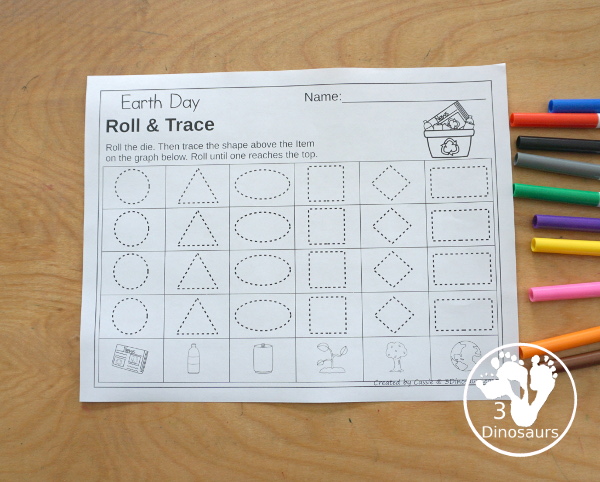 Earth Day Roll & Graph With Trace Letters, Numbers & Shapes with a folding die and cube die with a graphing sheet, graphing with tracing numbers, graphing with tracing letters and graphing with tracing shapes. All with a fun Earth theme for Earth Day for prek and kindergarten - 3Dinosaurs.com