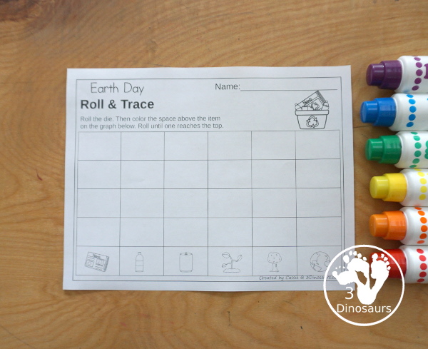 Earth Day Roll & Graph With Trace Letters, Numbers & Shapes with a folding die and cube die with a graphing sheet, graphing with tracing numbers, graphing with tracing letters and graphing with tracing shapes. All with a fun Earth theme for Earth Day for prek and kindergarten - 3Dinosaurs.com