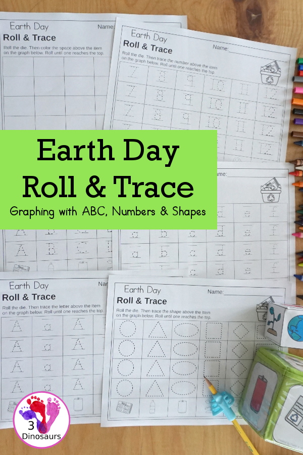 Earth Day Roll & Graph With Trace Letters, Numbers & Shapes with a folding die and cube die with a graphing sheet, graphing with tracing numbers, graphing with tracing letters and graphing with tracing shapes. All with a fun Earth theme for Earth Day for prek and kindergarten - 3Dinosaurs.com