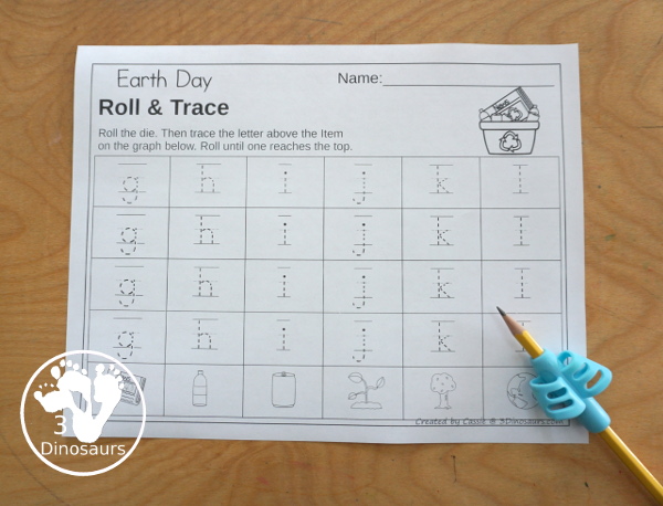 Earth Day Roll & Graph With Trace Letters, Numbers & Shapes with a folding die and cube die with a graphing sheet, graphing with tracing numbers, graphing with tracing letters and graphing with tracing shapes. All with a fun Earth theme for Earth Day for prek and kindergarten - 3Dinosaurs.com