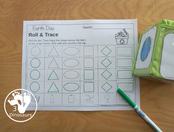 Earth Day Roll & Graph With Trace Letters, Numbers & Shapes with a folding die and cube die with a graphing sheet, graphing with tracing numbers, graphing with tracing letters and graphing with tracing shapes. All with a fun Earth theme for Earth Day for prek and kindergarten - 3Dinosaurs.com