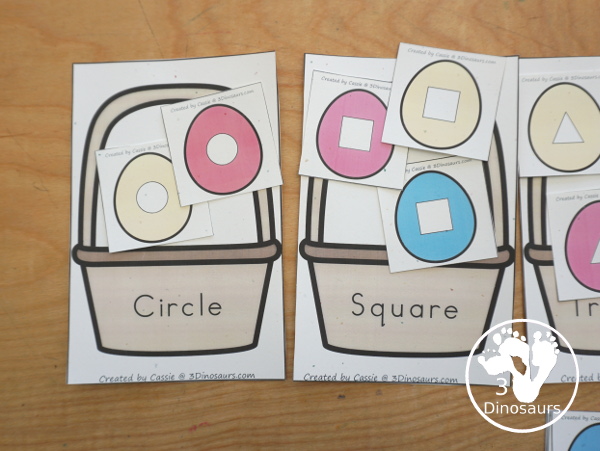 Free Easter Egg Shape Sorting Printable - with Easter baskets that have the shape name and Easter Eggs with shapes to sort to the baskets for prek and kindergarten - 3Dinosaurs.com