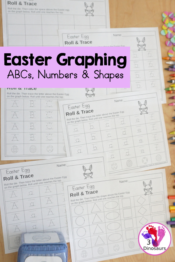 Easter Roll & Graph With Trace Letters, Numbers & Shapes with a folding die and cube die with a graphing sheet, graphing with tracing numbers, graphing with tracing letters and graphing with tracing shapes. All with a fun Easter Egg theme for Easter for prek and kindergarten - 3Dinosaurs.com