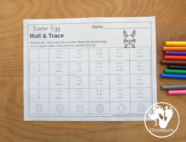 Easter Roll & Graph With Trace Letters, Numbers & Shapes with a folding die and cube die with a graphing sheet, graphing with tracing numbers, graphing with tracing letters and graphing with tracing shapes. All with a fun Easter Egg theme for Easter for prek and kindergarten - 3Dinosaurs.com