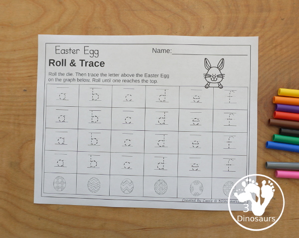 Easter Roll & Graph With Trace Letters, Numbers & Shapes with a folding die and cube die with a graphing sheet, graphing with tracing numbers, graphing with tracing letters and graphing with tracing shapes. All with a fun Easter Egg theme for Easter for prek and kindergarten - 3Dinosaurs.com