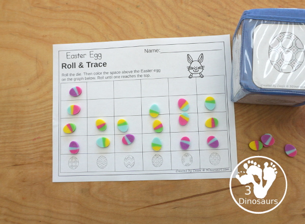 Easter Roll & Graph With Trace Letters, Numbers & Shapes with a folding die and cube die with a graphing sheet, graphing with tracing numbers, graphing with tracing letters and graphing with tracing shapes. All with a fun Easter Egg theme for Easter for prek and kindergarten - 3Dinosaurs.com