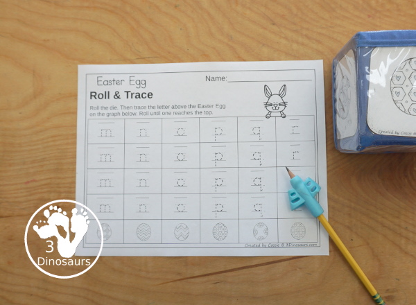 Easter Roll & Graph With Trace Letters, Numbers & Shapes with a folding die and cube die with a graphing sheet, graphing with tracing numbers, graphing with tracing letters and graphing with tracing shapes. All with a fun Easter Egg theme for Easter for prek and kindergarten - 3Dinosaurs.com