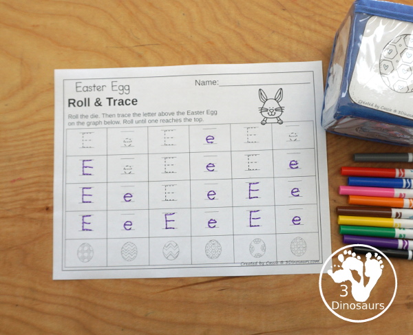 Easter Roll & Graph With Trace Letters, Numbers & Shapes with a folding die and cube die with a graphing sheet, graphing with tracing numbers, graphing with tracing letters and graphing with tracing shapes. All with a fun Easter Egg theme for Easter for prek and kindergarten - 3Dinosaurs.com