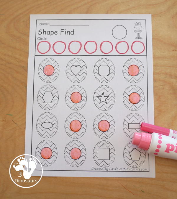 Easter Shape Find For Kids with 11 shapes for kids to trace and then find with shape word find and geometric shape find. Each is a great no-prep shape worksheet - 3Dinosaurs.com