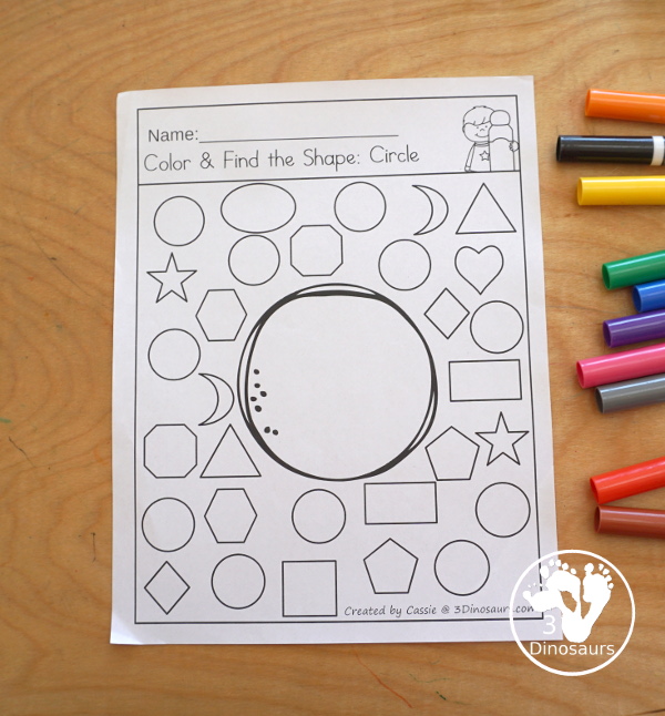 Color the Shape and Find the Shape - with 13 shapes for kids to color and then find and color the same shape for kids in prek and kindergarten - 3Dinosaurs.com