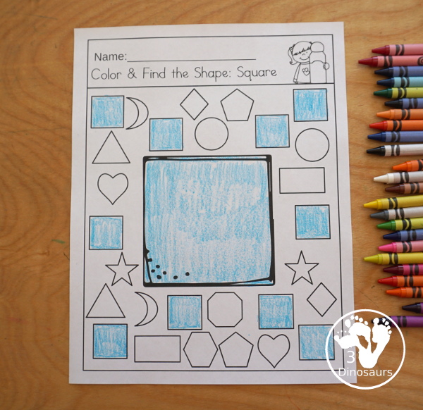 Color the Shape and Find the Shape - with 13 shapes for kids to color and then find and color the same shape for kids in prek and kindergarten - 3Dinosaurs.com