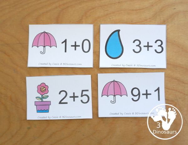 Free Spring Addition Flashcards with addition from 1 to 10 with all the ways to add up to each number - 3Dinosaurs.com