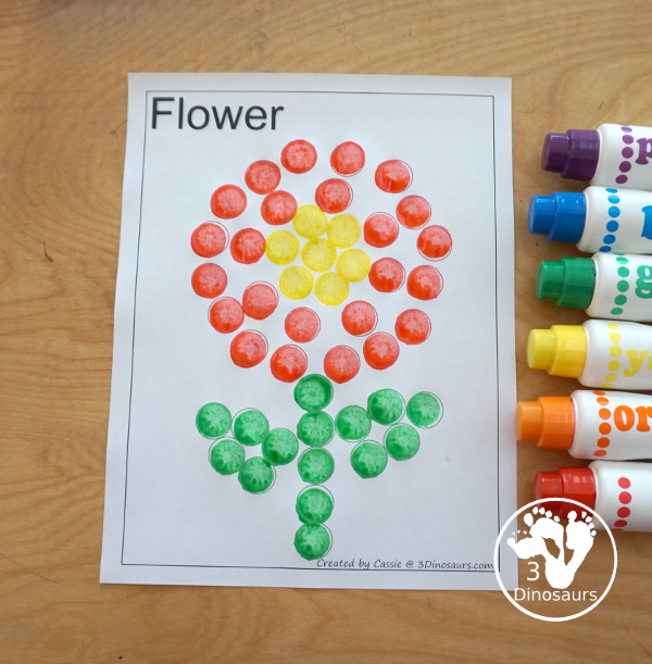 Free Spring Dot Printables: Spring Tree & Flowers - You have three versions of the tree and 5 flowers that kids can dot - 3Dinosaurs.com