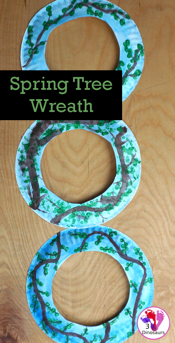 Spring Tree Wreath Craft For Kids is a paper plate wreath that you can make with kids for spring. It is super fun and easy to make. - 3Dinosaurs.com