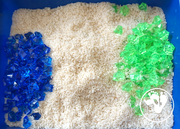 Blue and Green Sensory Bin For Earth Day - sorting green and blue colors - 3Dinosaurs.com