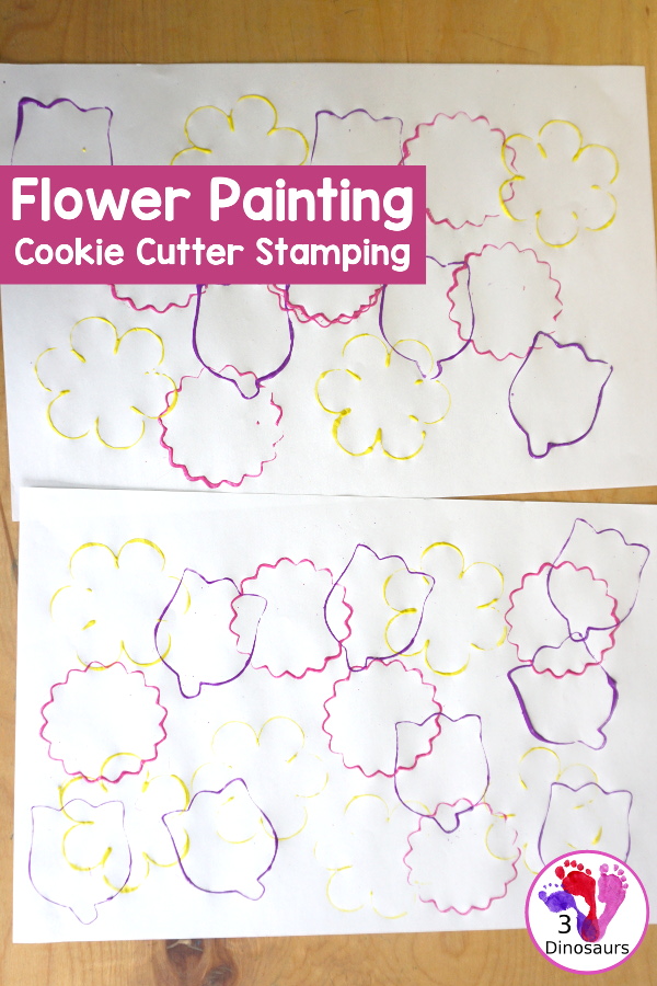 Flower Stamp Painting With Cookie Cutters - using flower cookie cutters to stamp paint on a piece of paper. A simple spring flower painting for kids - 3Dinosaurs.com