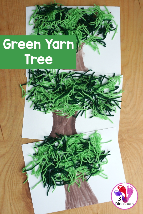 Green Yarn Tree Craft for Arbor Day - a fun mixed art with watercolor trunk ad a yarn green tree for kids to make - 3Dinosaurs.com