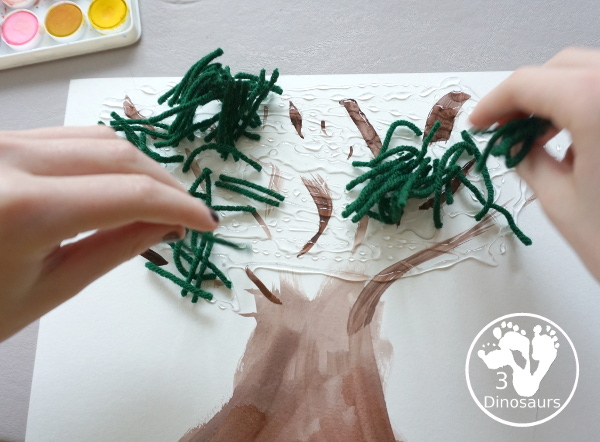 Green Yarn Tree Craft for Arbor Day - a fun mixed art with watercolor trunk ad a yarn green tree for kids to make - 3Dinosaurs.com