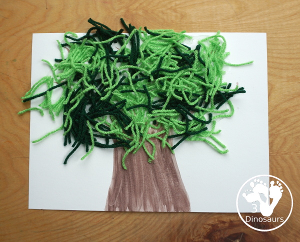 Green Yarn Tree Craft for Arbor Day - a fun mixed art with watercolor trunk ad a yarn green tree for kids to make - 3Dinosaurs.com